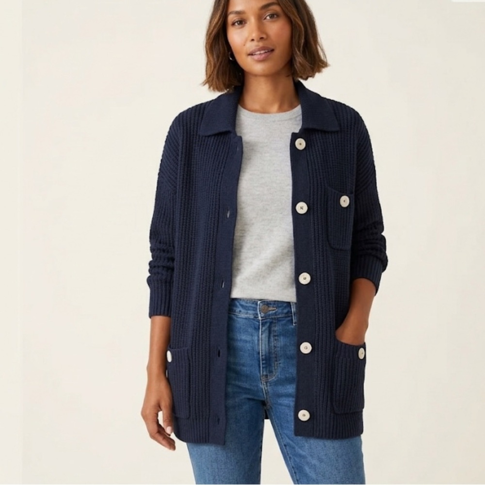 NWOT J. JILL Navy Blue Chunky Rib Knit Button Front Shirt Jacket Cardigan MP